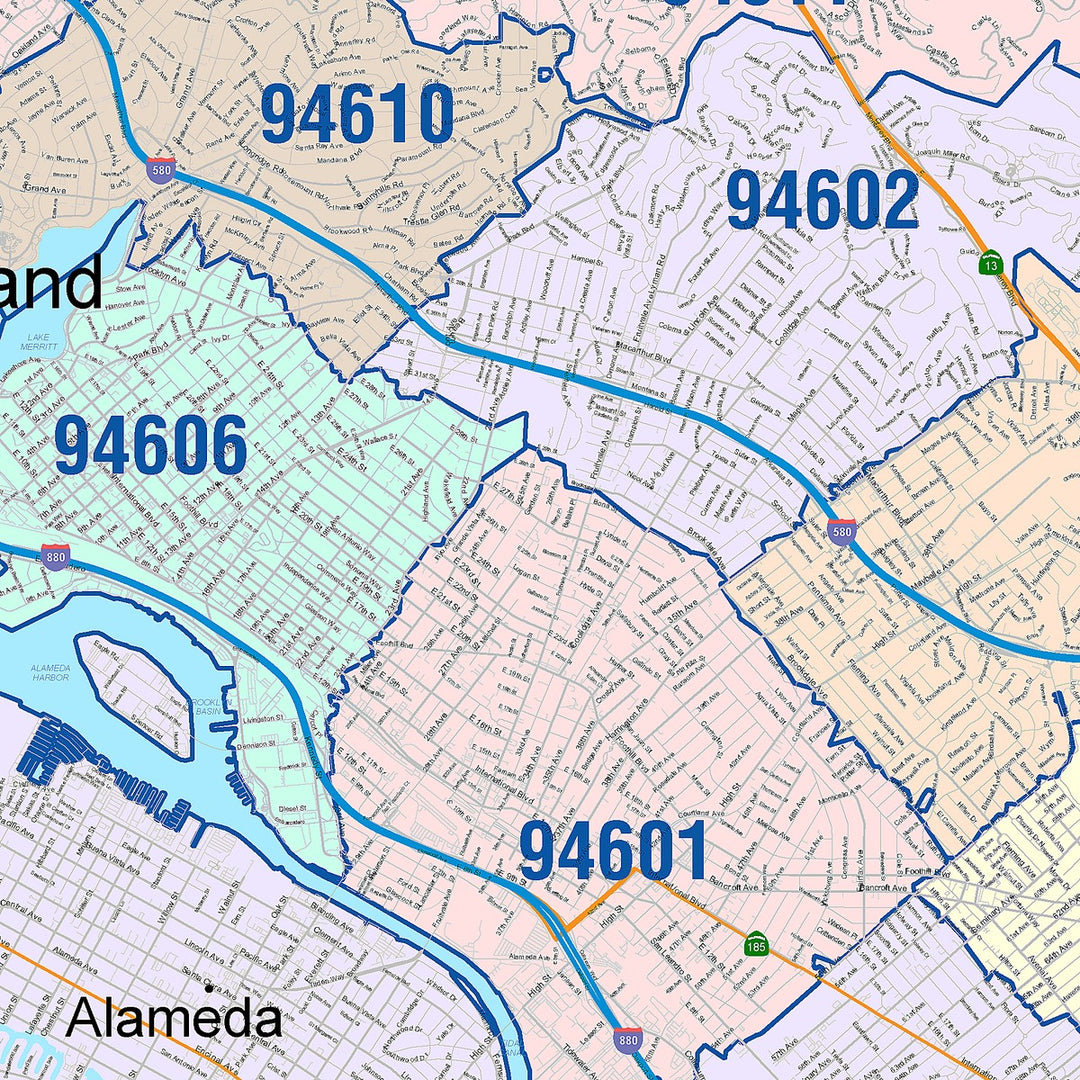 Colorcast Zip Code Style Wall Map of Oakland CA
