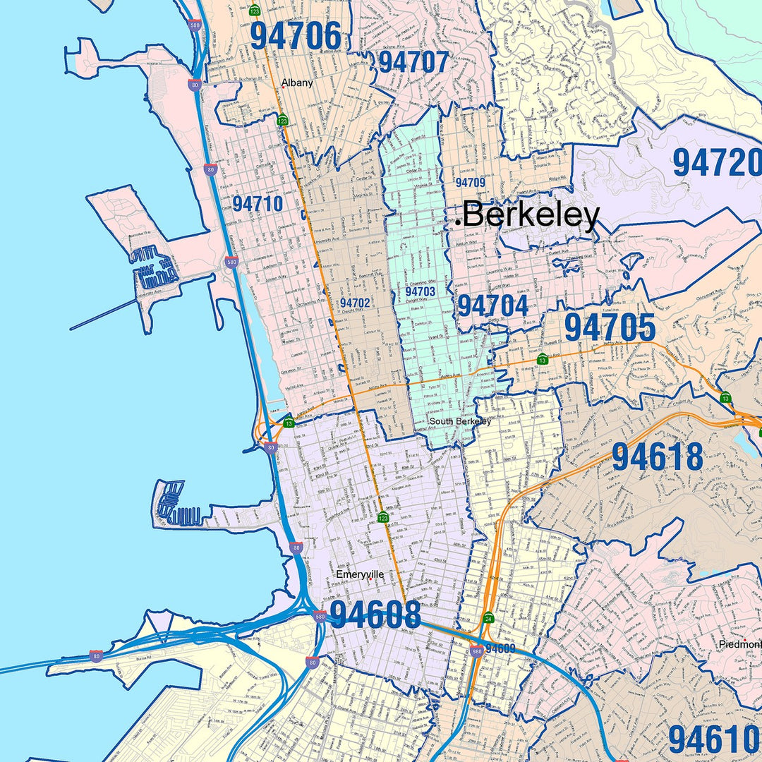 Colorcast Zip Code Style Wall Map of Oakland CA