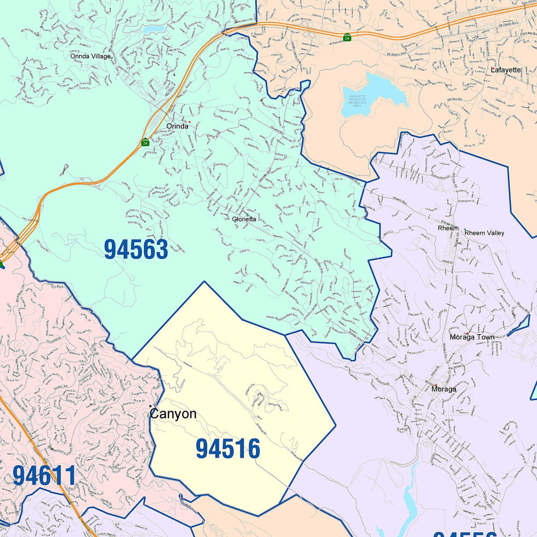 Colorcast Zip Code Style Wall Map of Oakland CA