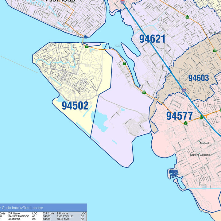 Colorcast Zip Code Style Wall Map of Oakland CA