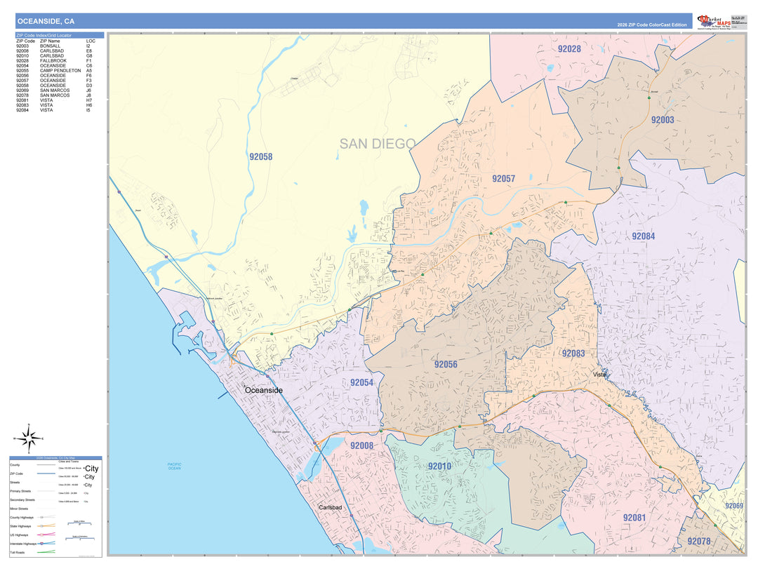 Color Cast Zip Code Style Wall Map of Oceanside, CA
