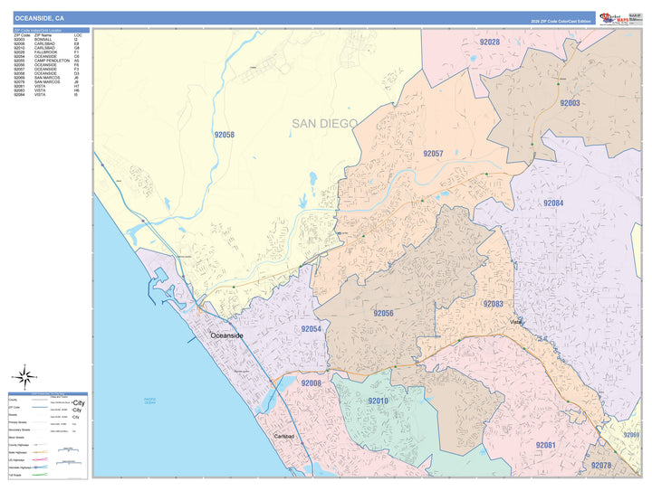 Color Cast Zip Code Style Wall Map of Oceanside, CA