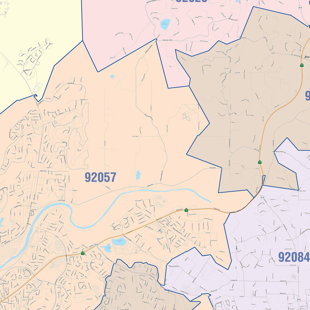 Color Cast Zip Code Style Wall Map of Oceanside, CA