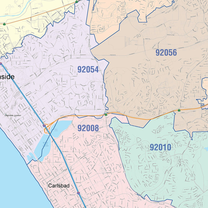 Color Cast Zip Code Style Wall Map of Oceanside, CA