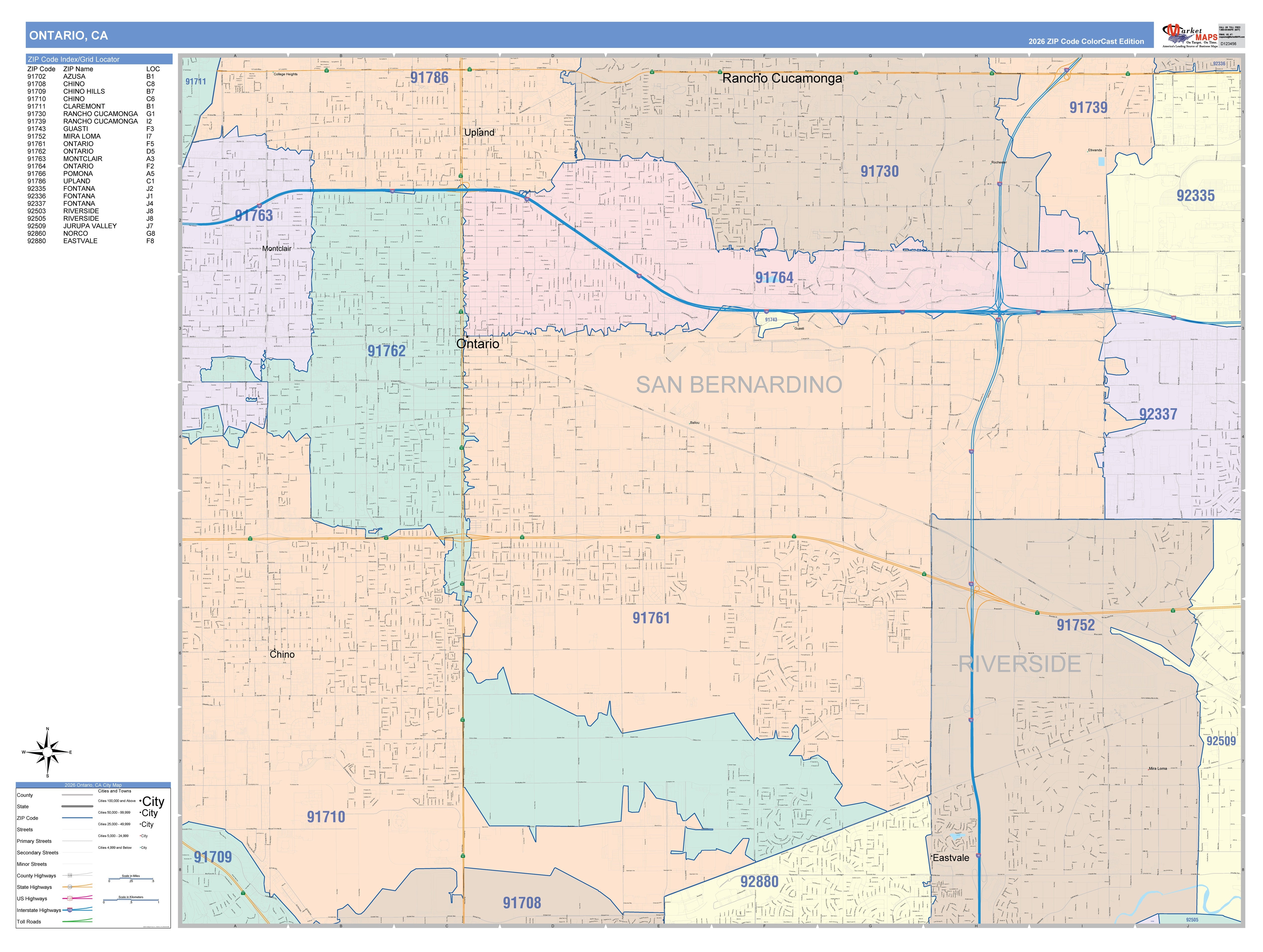 Color Cast Zip Code Style Wall Map of Ontario, CA – American Map Store