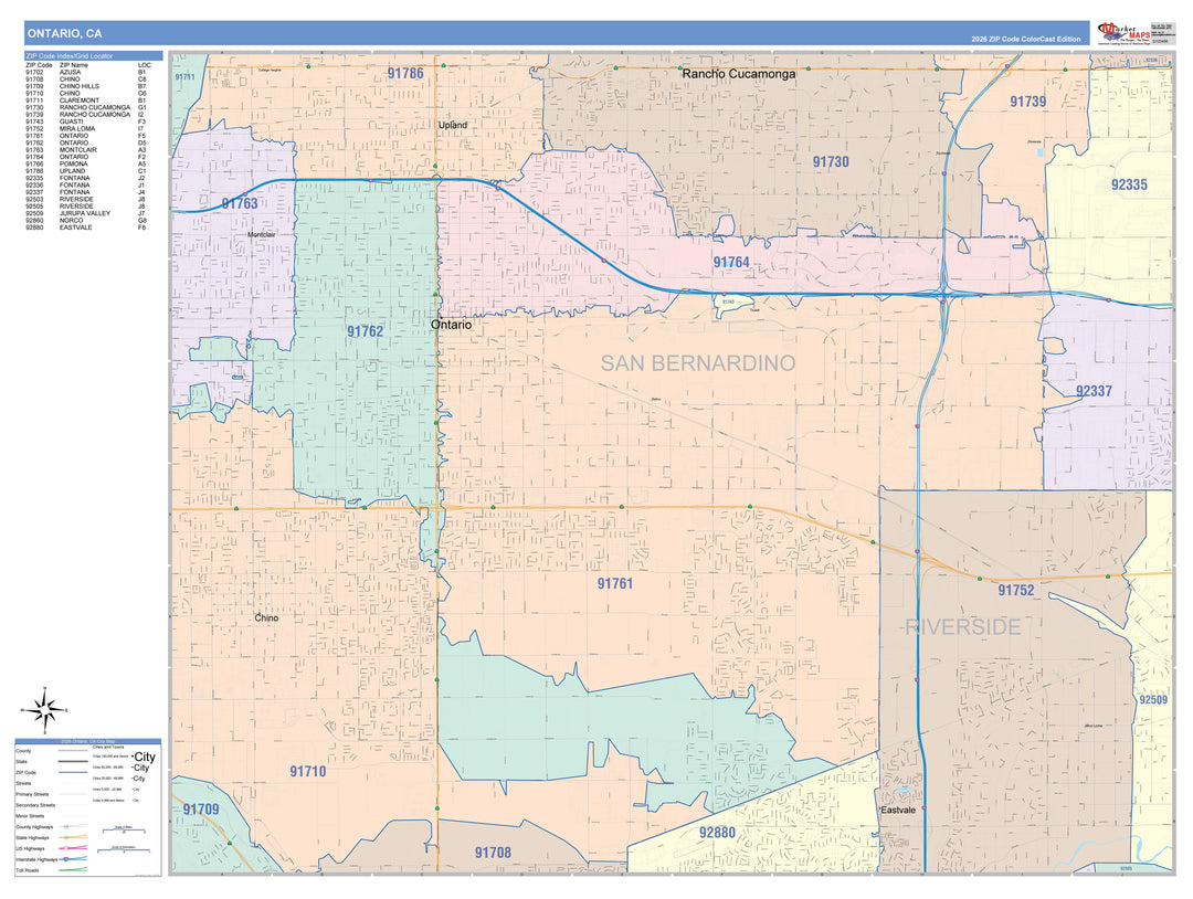 Color Cast Zip Code Style Wall Map of Ontario, CA