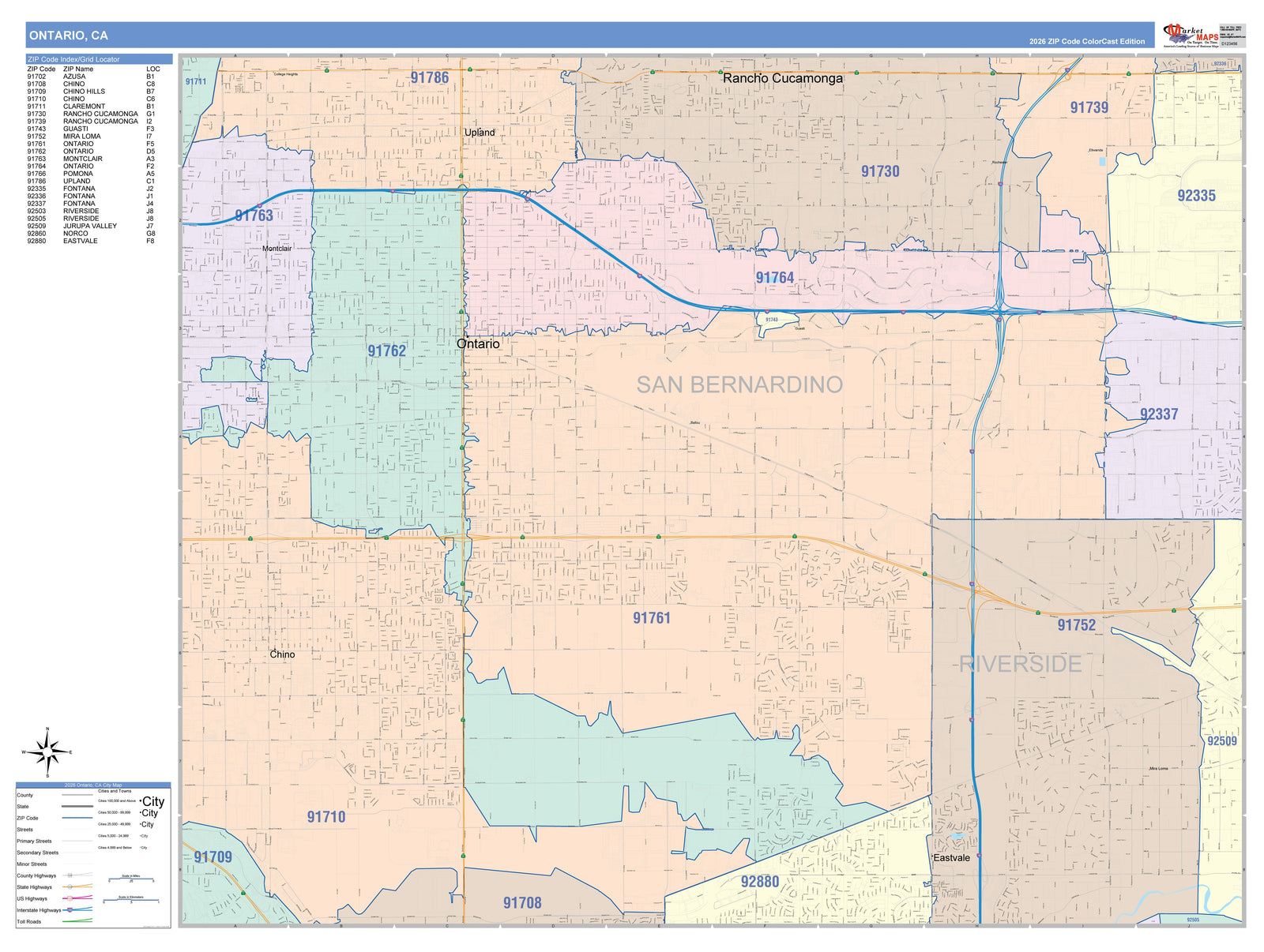 Color Cast Zip Code Style Wall Map of Ontario, CA