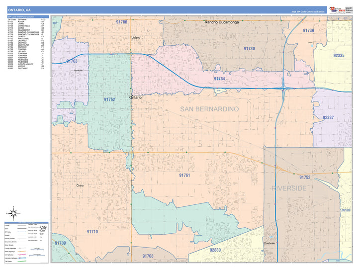 Color Cast Zip Code Style Wall Map of Ontario, CA