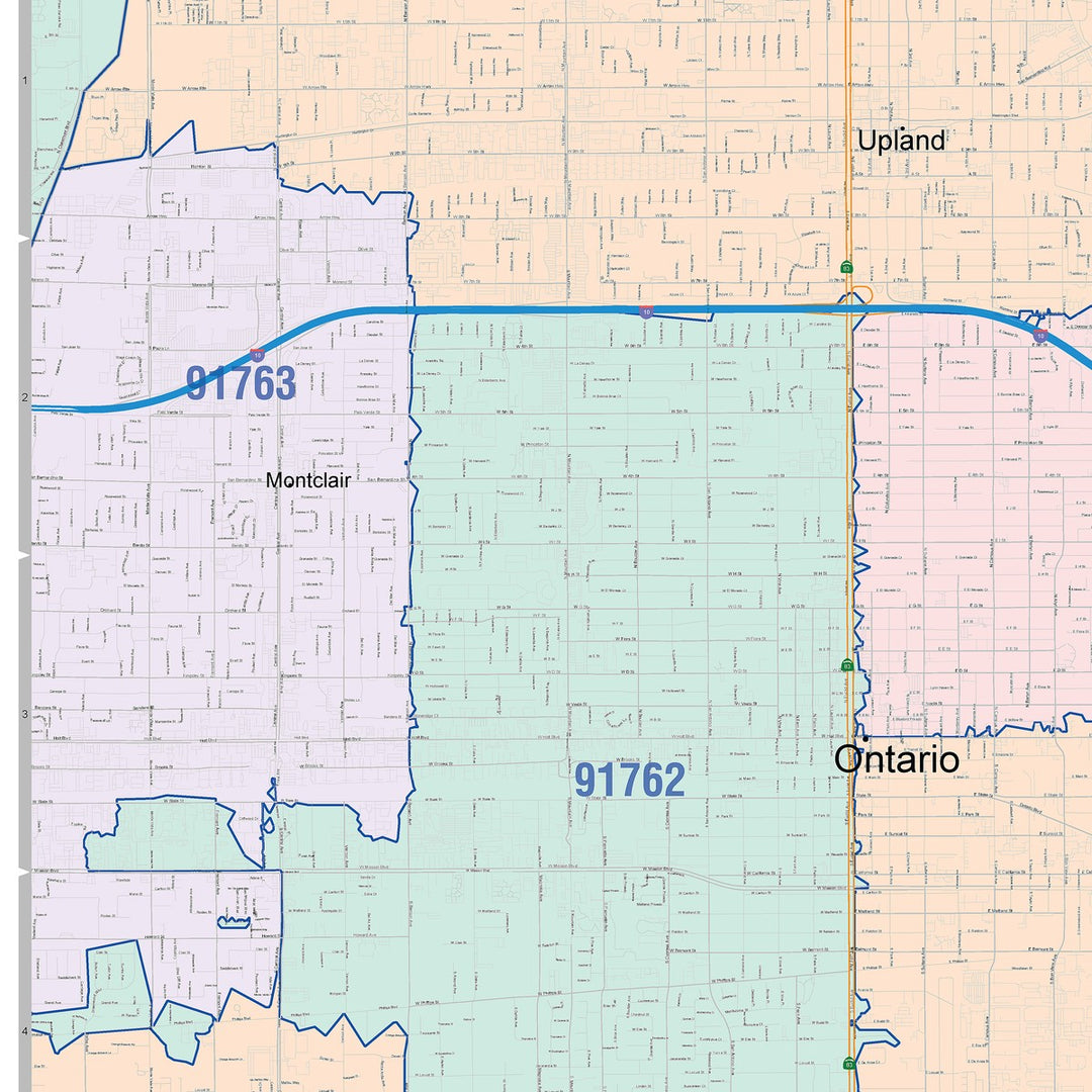 Color Cast Zip Code Style Wall Map of Ontario, CA