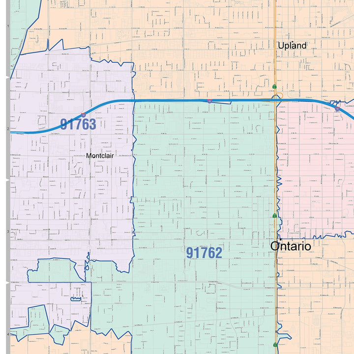 Color Cast Zip Code Style Wall Map of Ontario, CA
