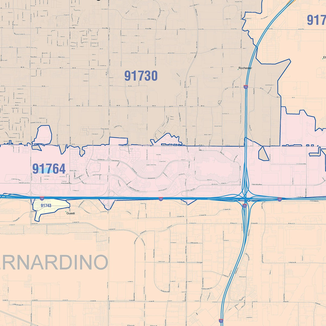 Color Cast Zip Code Style Wall Map of Ontario, CA