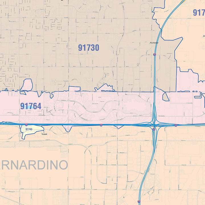 Color Cast Zip Code Style Wall Map of Ontario, CA