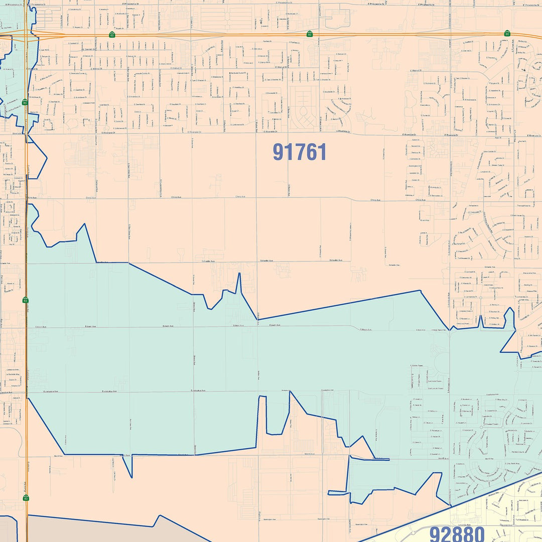 Color Cast Zip Code Style Wall Map of Ontario, CA