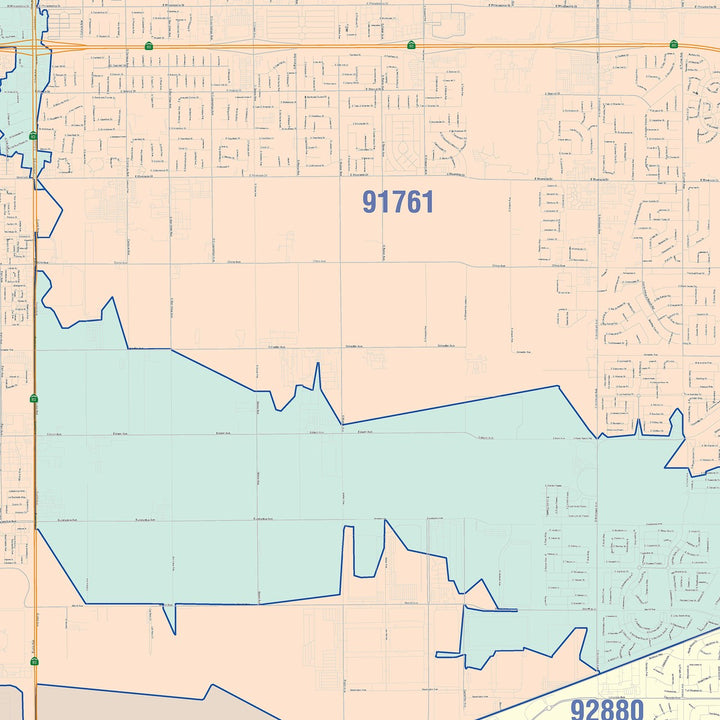 Color Cast Zip Code Style Wall Map of Ontario, CA