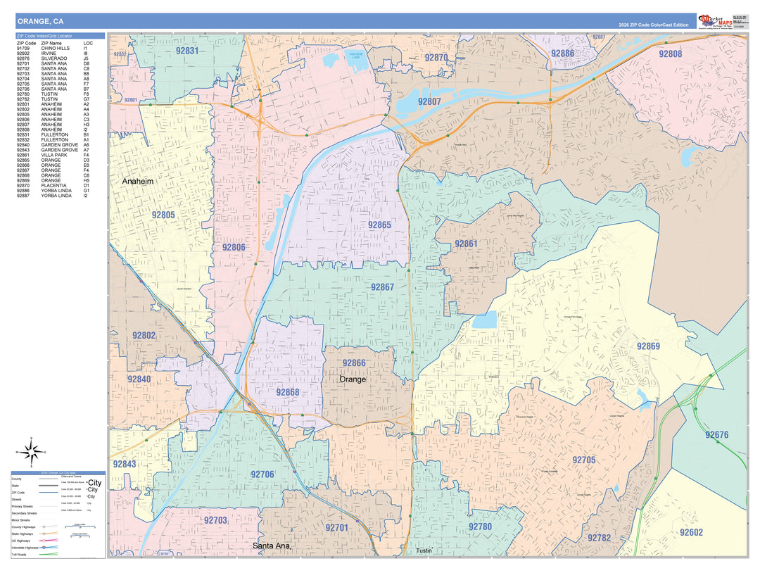 Color Cast Zip Code Style Wall Map of Orange, CA