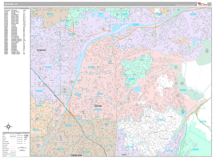 Premium Style Wall Map of Orange, CA