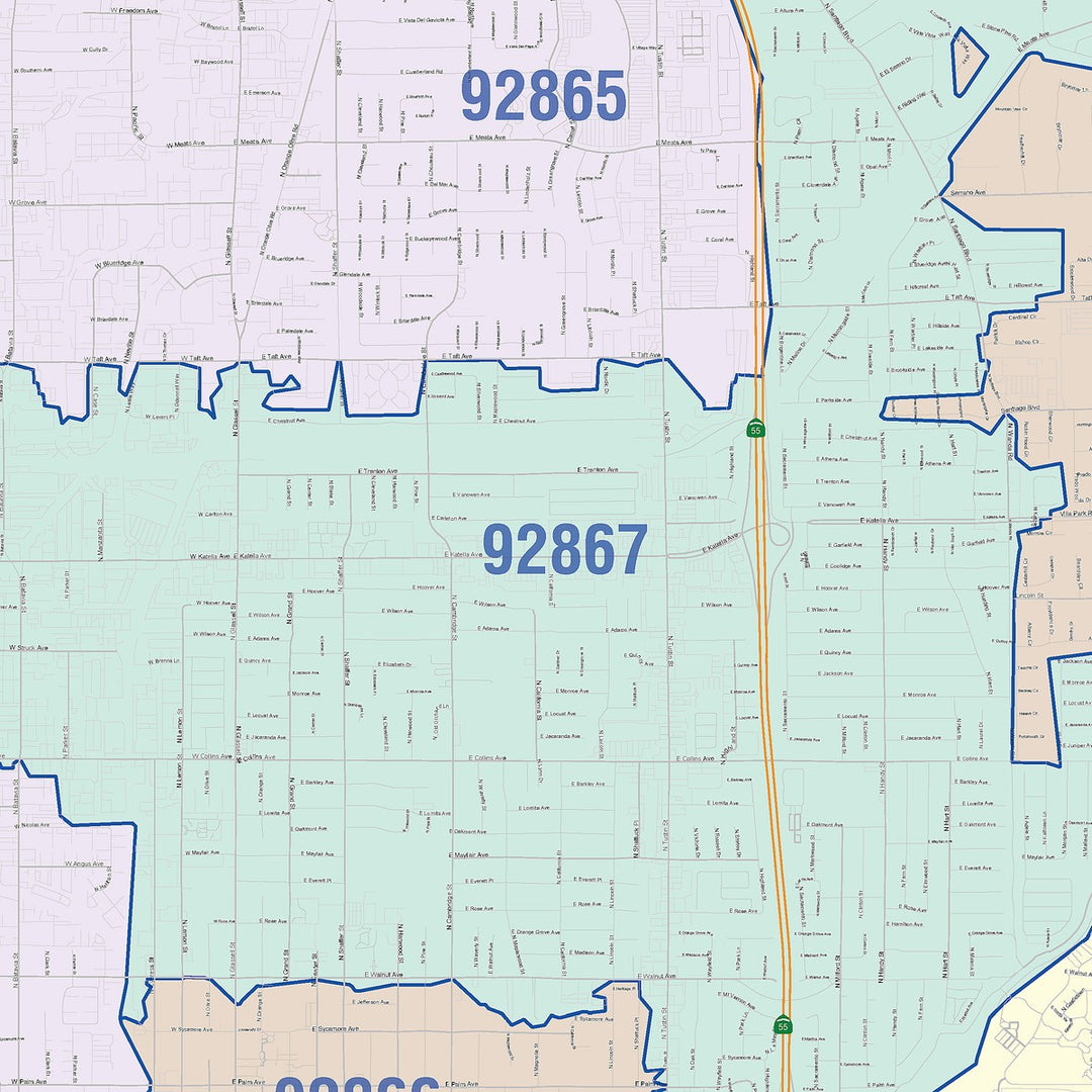 Color Cast Zip Code Style Wall Map of Orange, CA