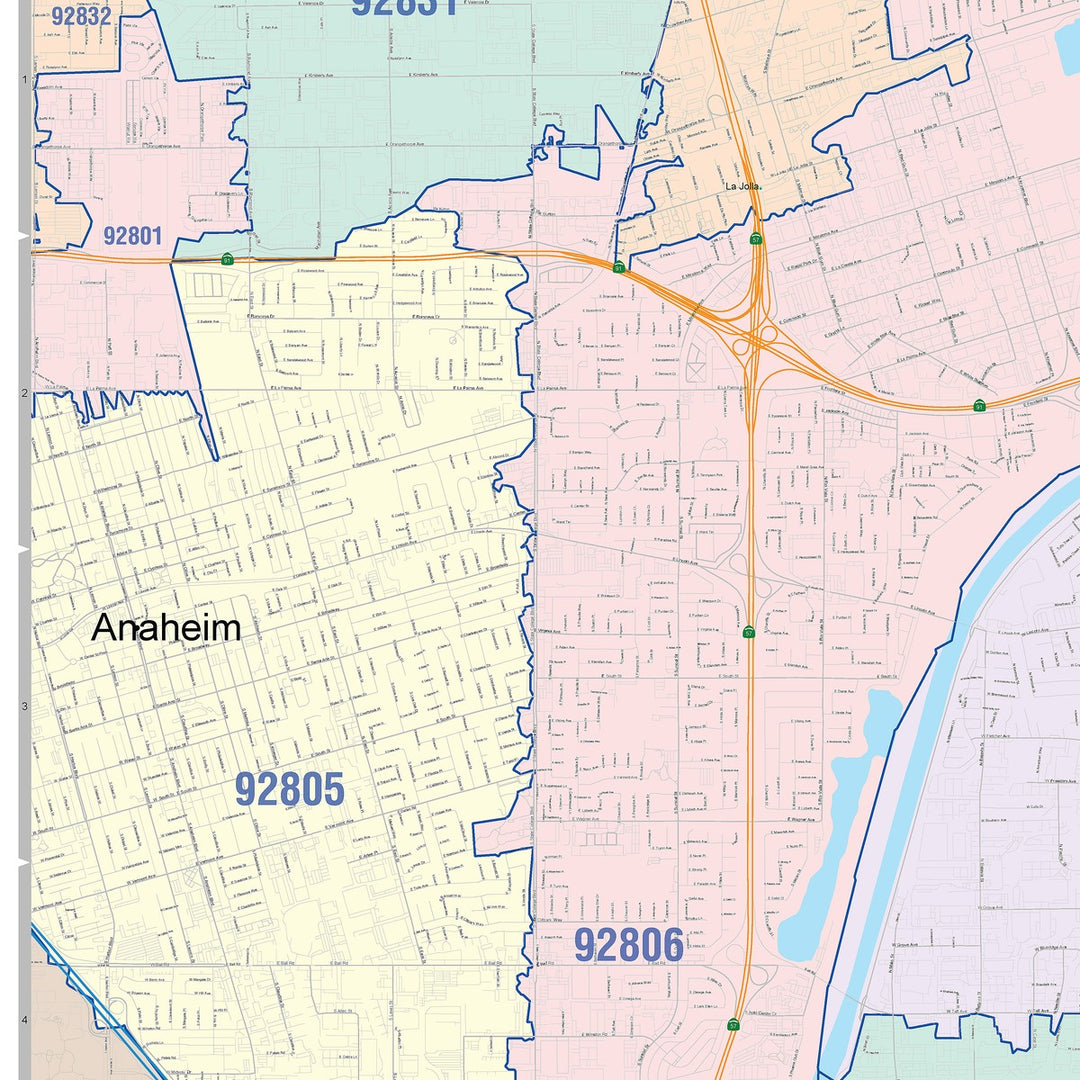 Color Cast Zip Code Style Wall Map of Orange, CA
