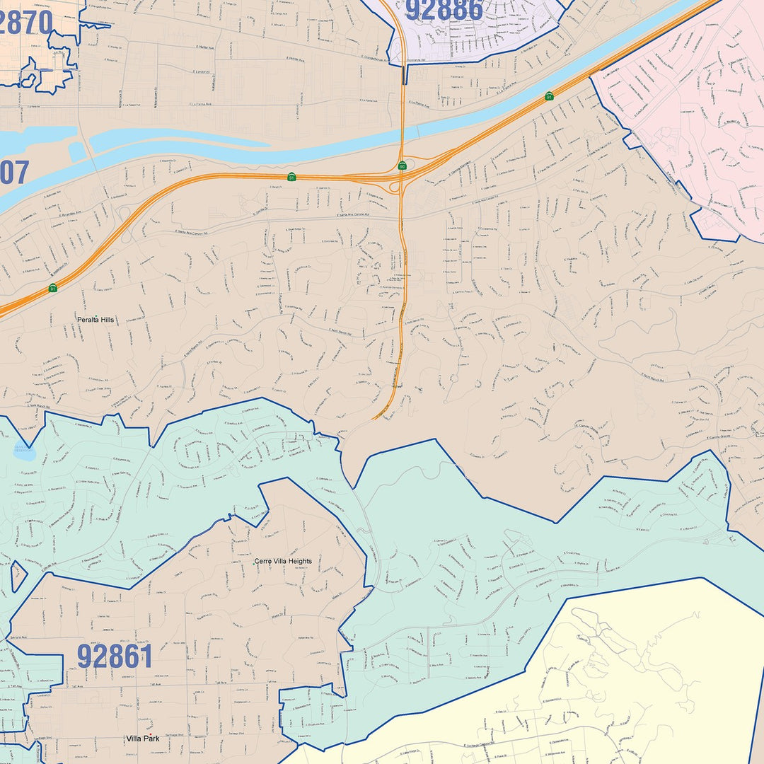 Color Cast Zip Code Style Wall Map of Orange, CA