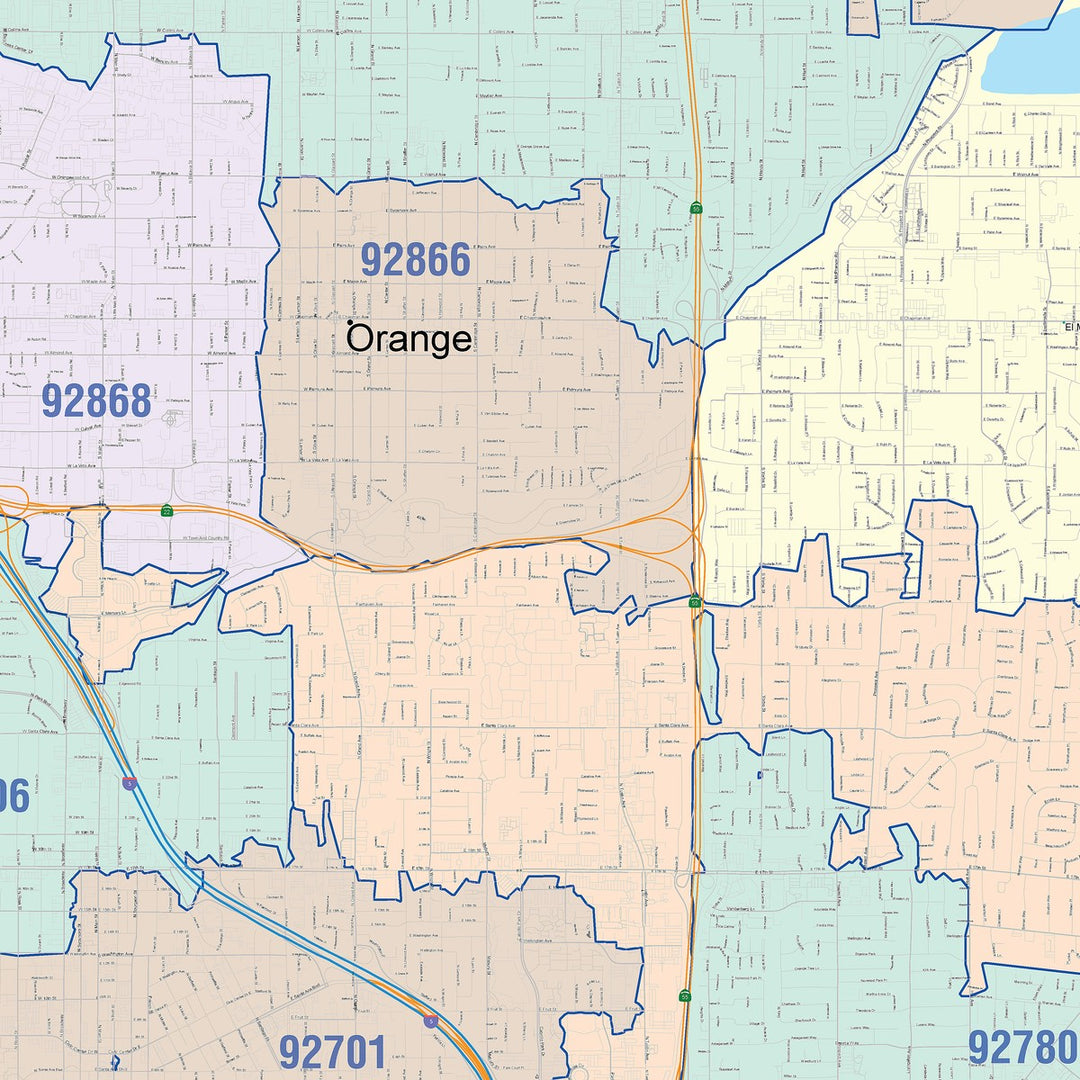 Color Cast Zip Code Style Wall Map of Orange, CA