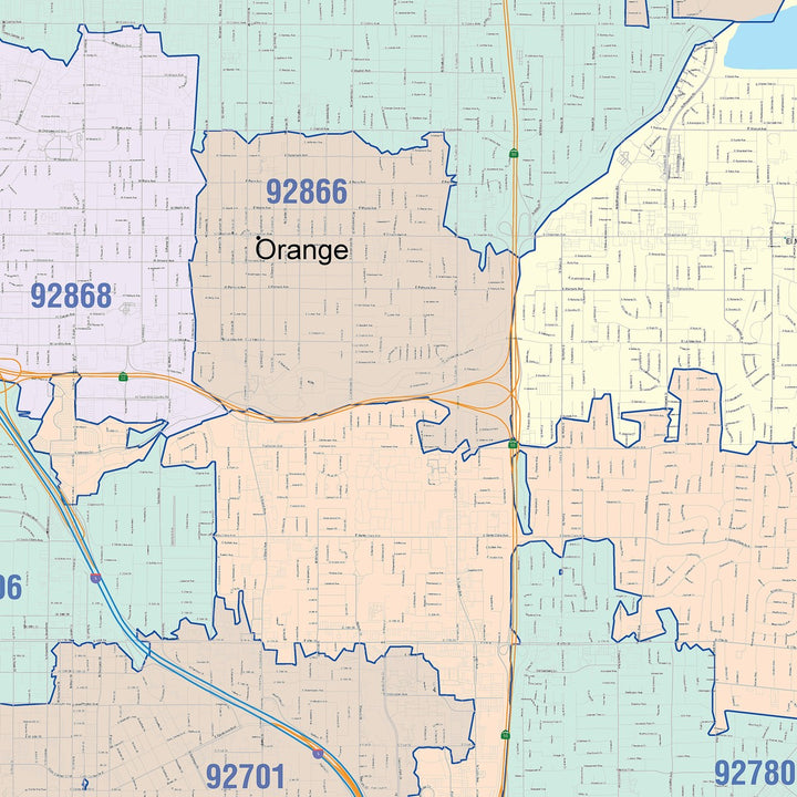 Color Cast Zip Code Style Wall Map of Orange, CA