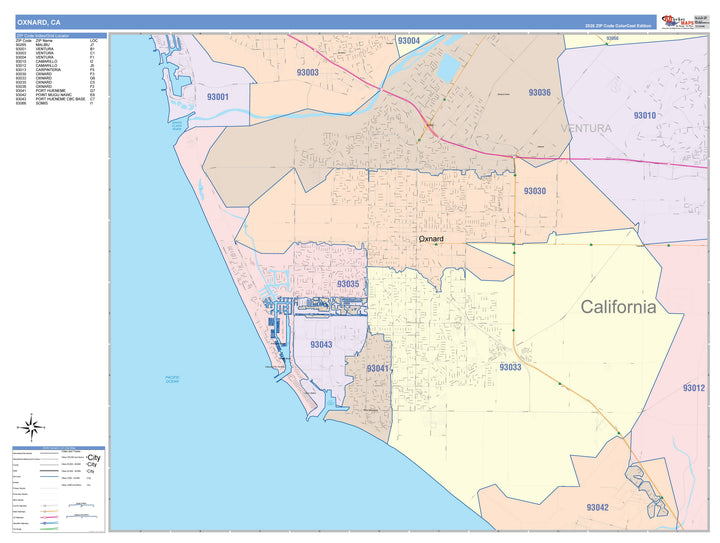 Color Cast Zip Code Style Wall Map of Oxnard, CA