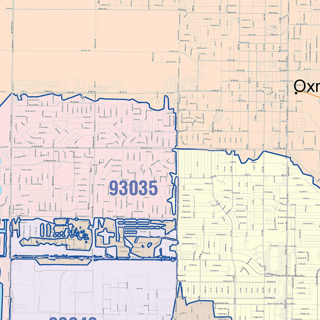 Color Cast Zip Code Style Wall Map of Oxnard, CA