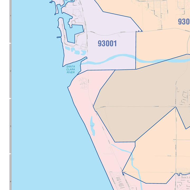 Color Cast Zip Code Style Wall Map of Oxnard, CA
