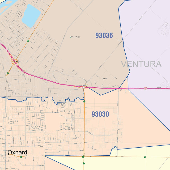 Color Cast Zip Code Style Wall Map of Oxnard, CA