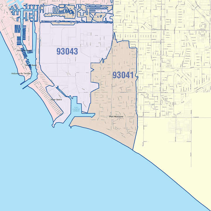 Color Cast Zip Code Style Wall Map of Oxnard, CA