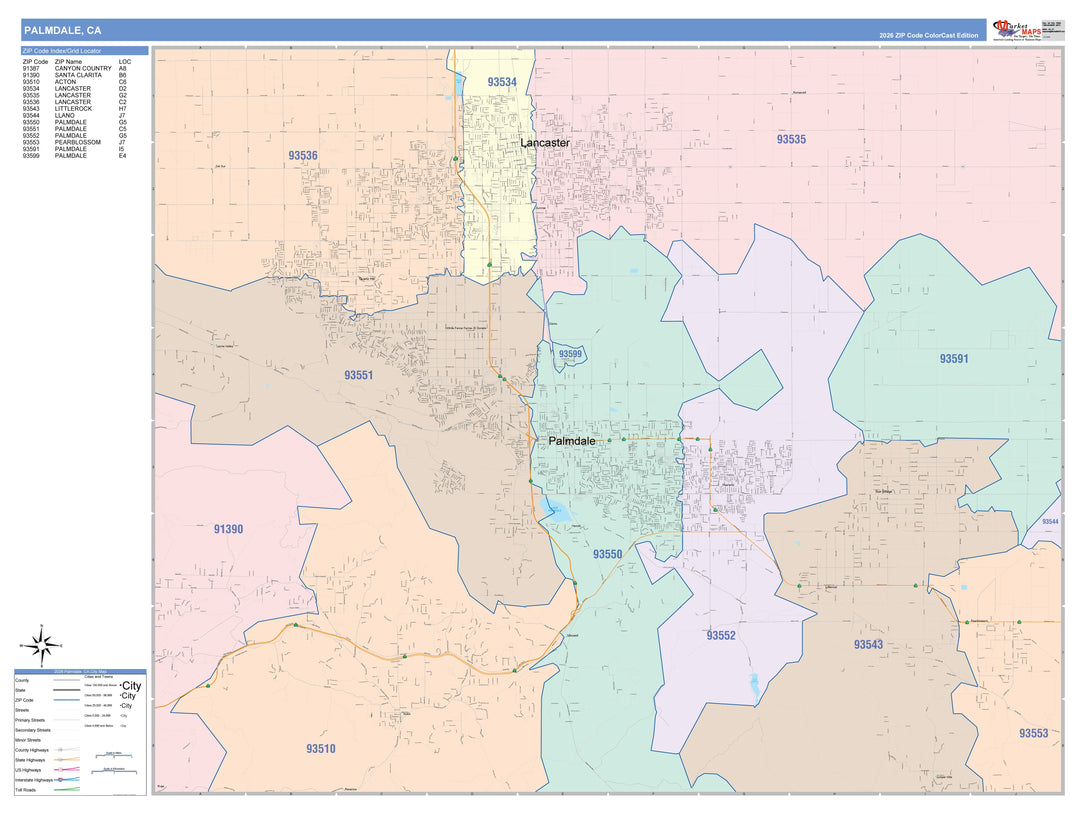 Color Cast Zip Code Style Wall Map of Palmdale, CA
