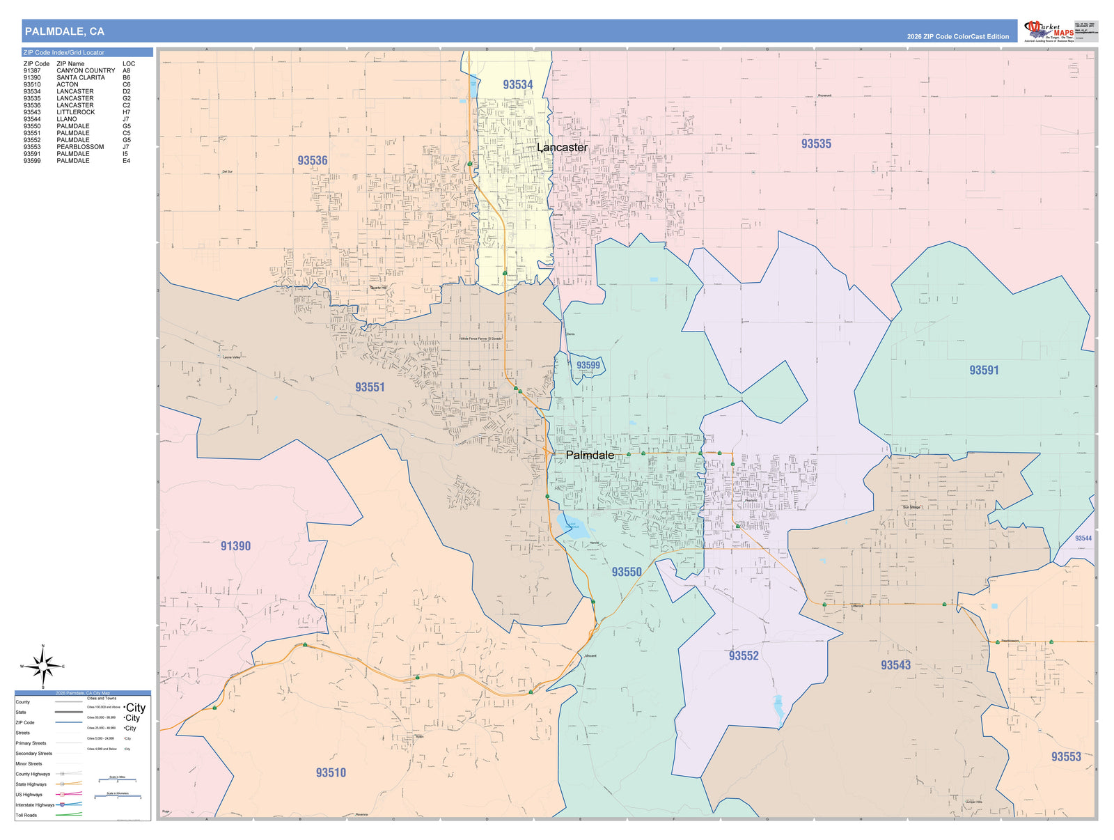 Color Cast Zip Code Style Wall Map of Palmdale, CA