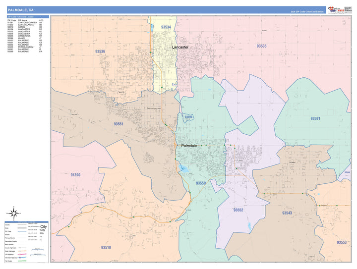 Color Cast Zip Code Style Wall Map of Palmdale, CA