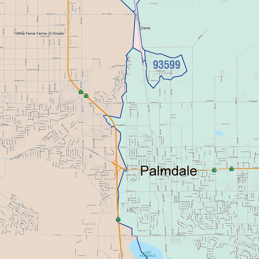 Color Cast Zip Code Style Wall Map of Palmdale, CA