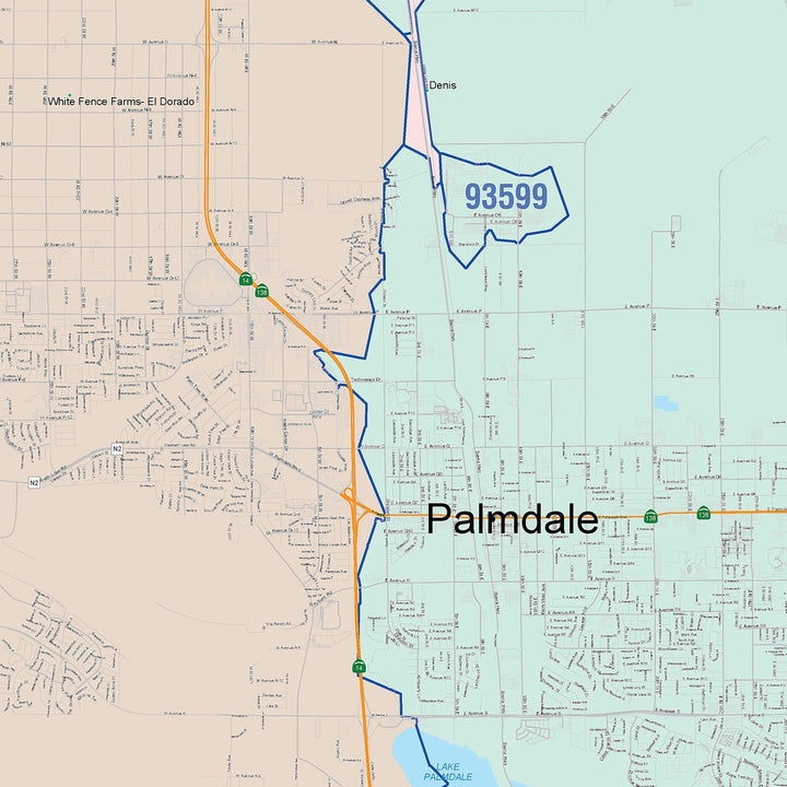 Color Cast Zip Code Style Wall Map of Palmdale, CA