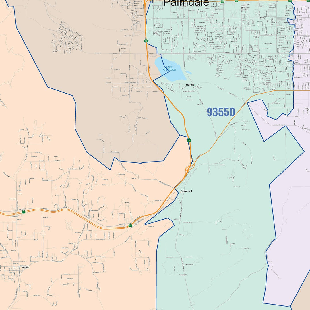 Color Cast Zip Code Style Wall Map of Palmdale, CA