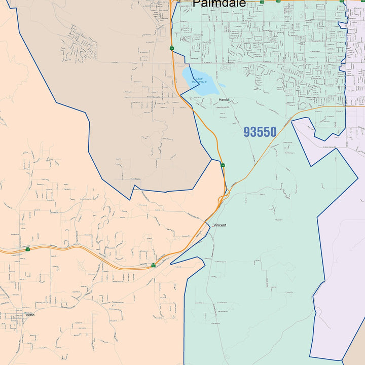 Color Cast Zip Code Style Wall Map of Palmdale, CA