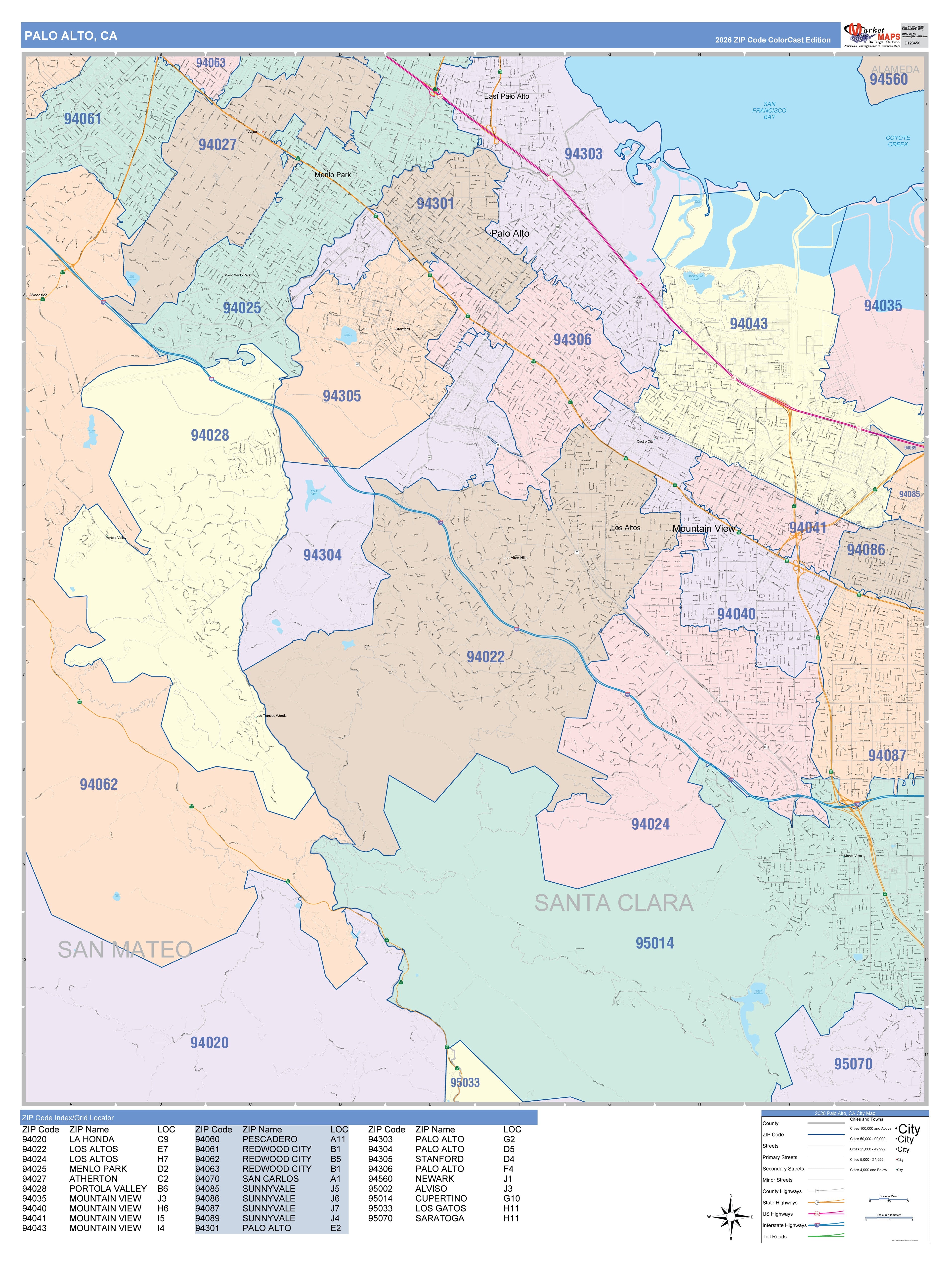 Color Cast Zip Code Style Wall Map of Palo Alto, CA – American Map Store