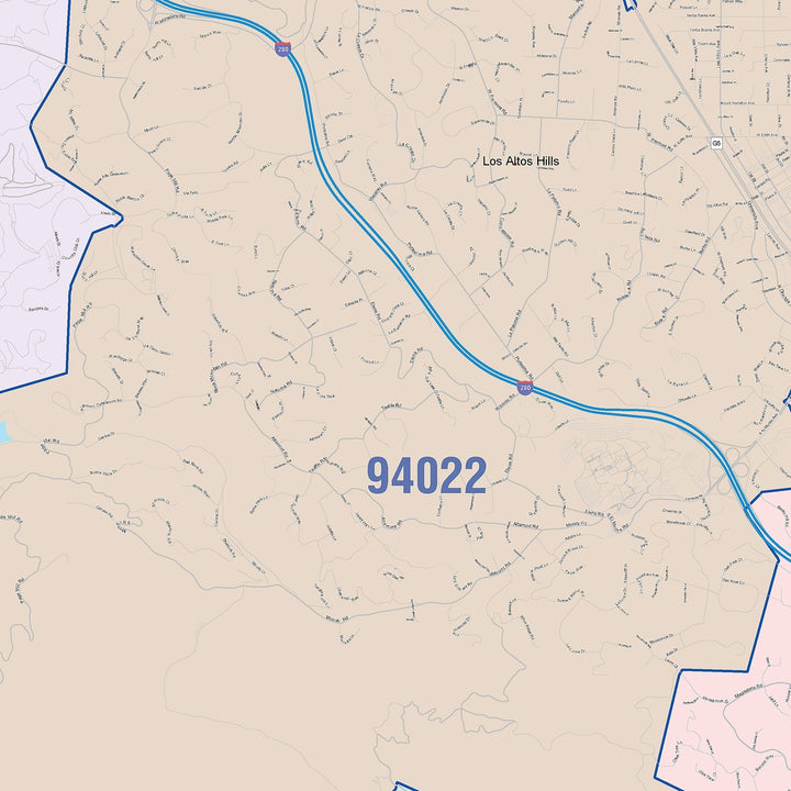 Color Cast Zip Code Style Wall Map of Palo Alto, CA