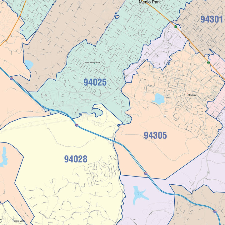Color Cast Zip Code Style Wall Map of Palo Alto, CA