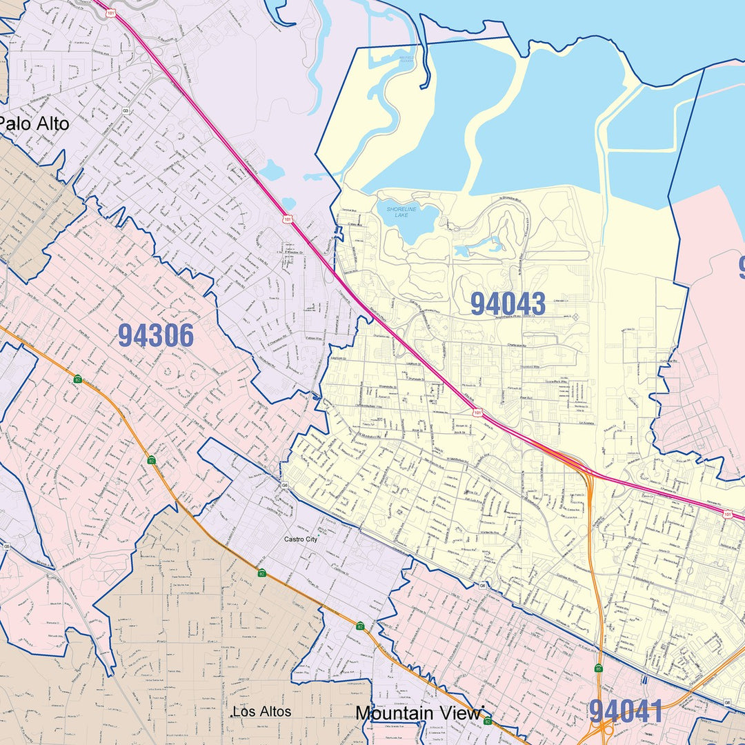 Color Cast Zip Code Style Wall Map of Palo Alto, CA
