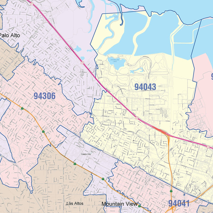 Color Cast Zip Code Style Wall Map of Palo Alto, CA
