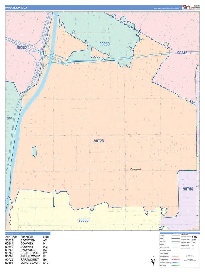 Color Cast Zip Code Style Wall Map of Paramount, CA