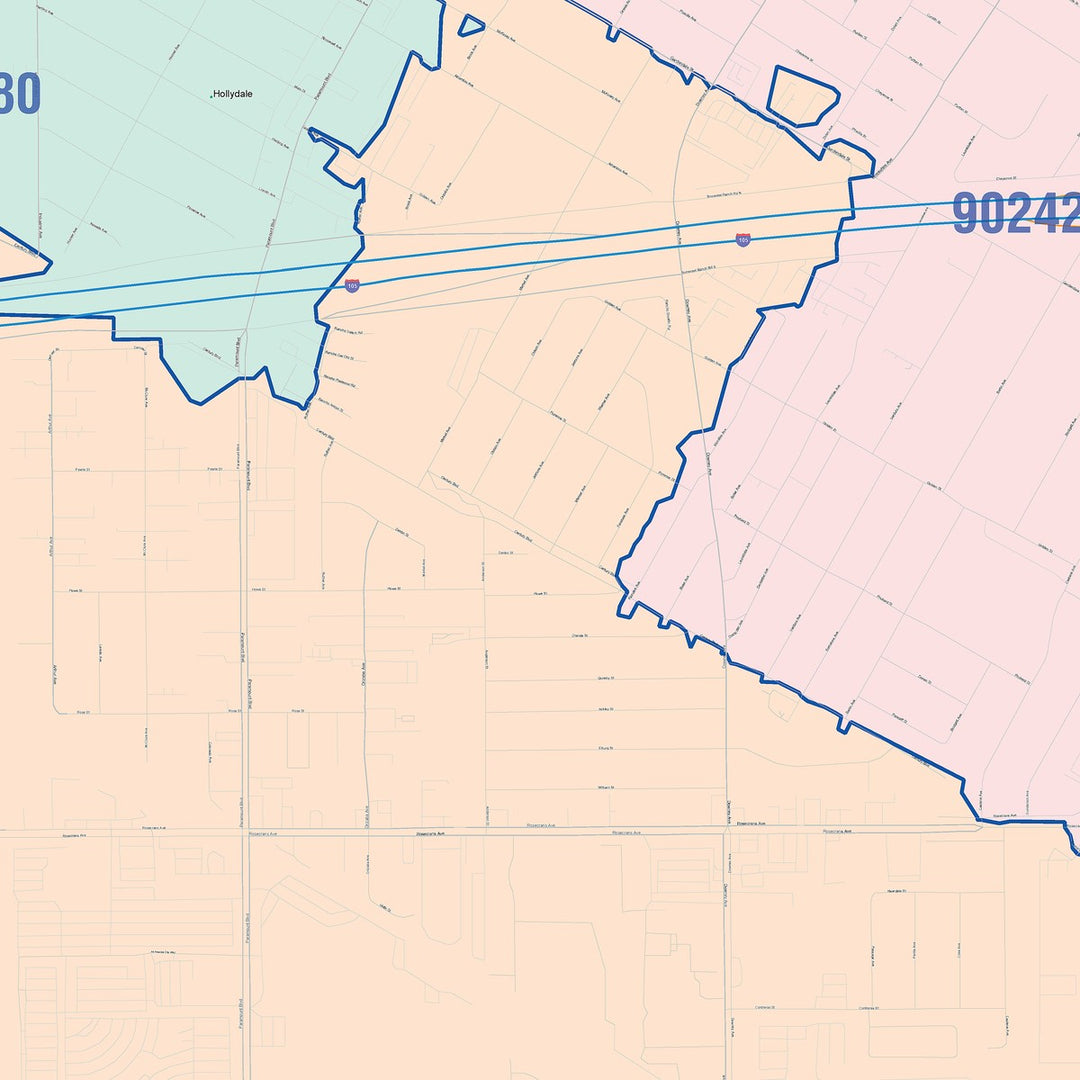 Color Cast Zip Code Style Wall Map of Paramount, CA