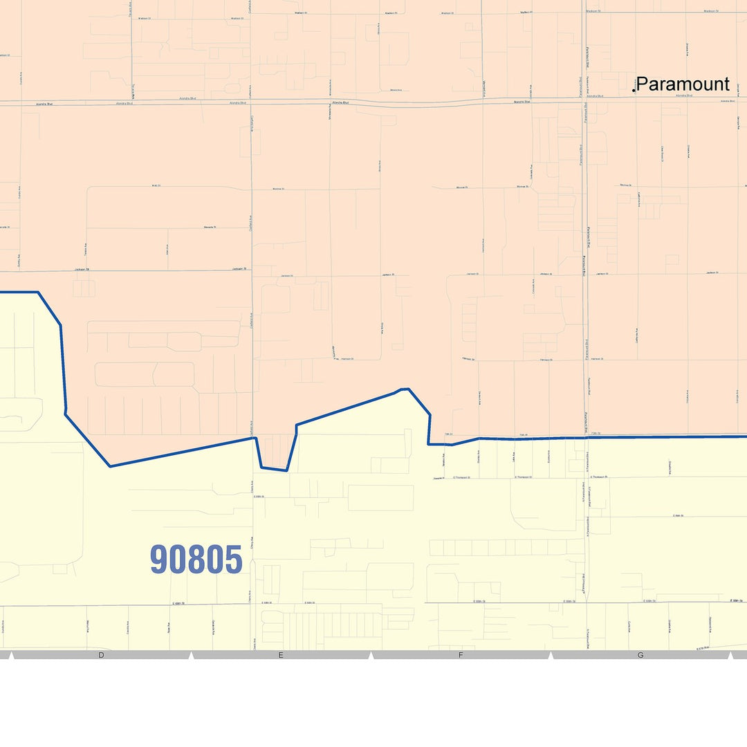 Color Cast Zip Code Style Wall Map of Paramount, CA