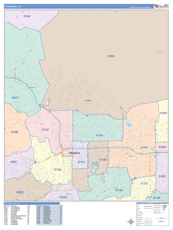 Color Cast Zip Code Style Wall Map of Pasadena, CA