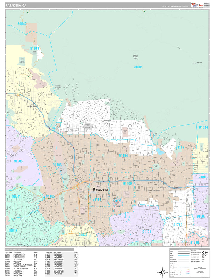 Premium Style Wall Map of Pasadena, CA