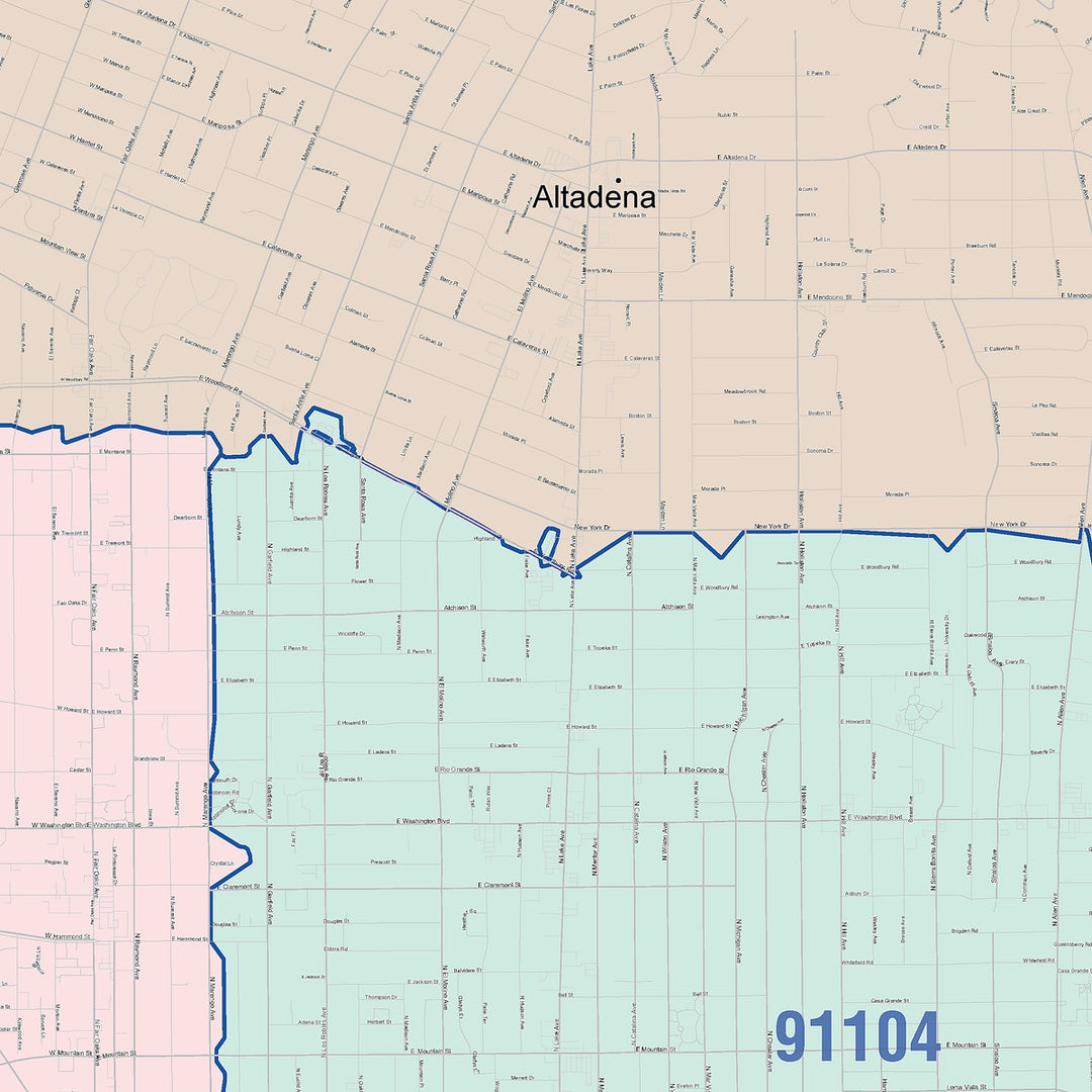 Color Cast Zip Code Style Wall Map of Pasadena, CA