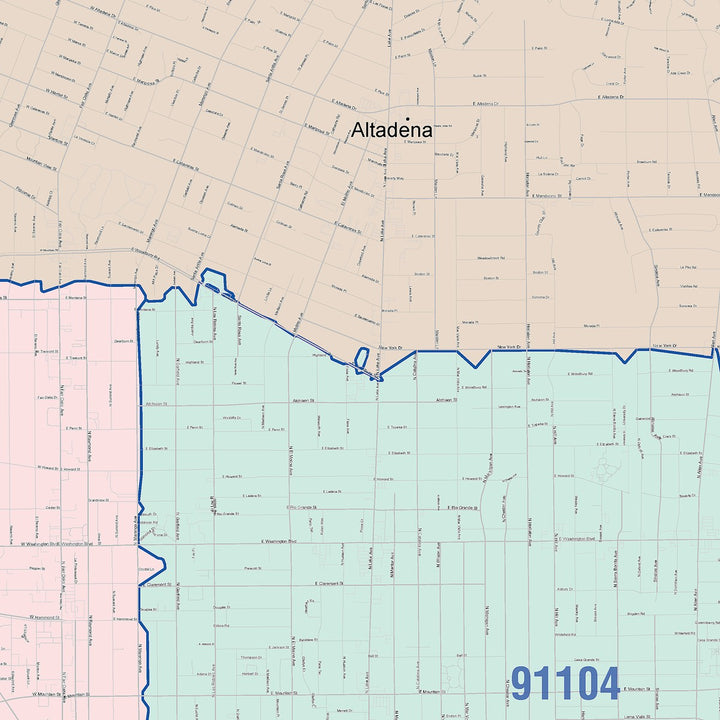 Color Cast Zip Code Style Wall Map of Pasadena, CA