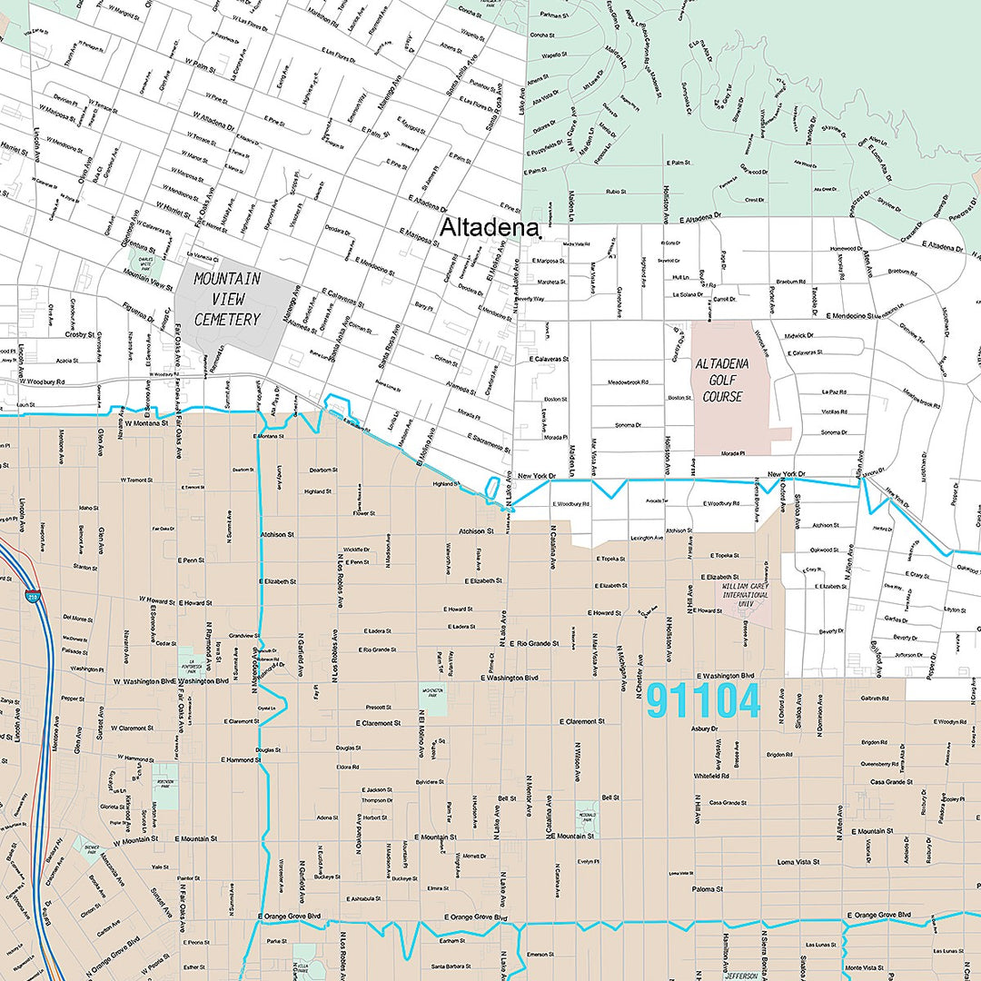 Premium Style Wall Map of Pasadena, CA